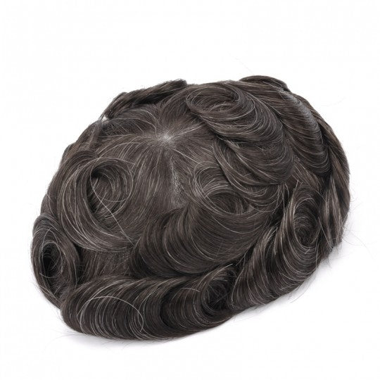 FSV-10 |Tupé de pelo con bucle en V de piel completa para hombres 0,10 mm de piel fina | Línea de cabello ondulado Sistema de cabello más duradero