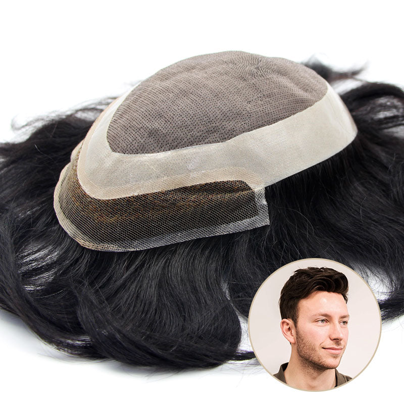 FML-B | Lace Front Fine Mono with PU Perimeter Off Black Hairpieces for Men