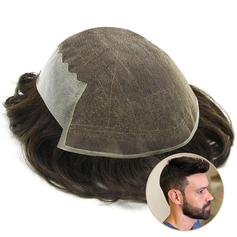 Estilo Q6 | Postizo de encaje francés para hombres con PU en la parte posterior y los lados Fácil de usar Cabello humano de encaje transpirable para hombres | Combinación perfecta